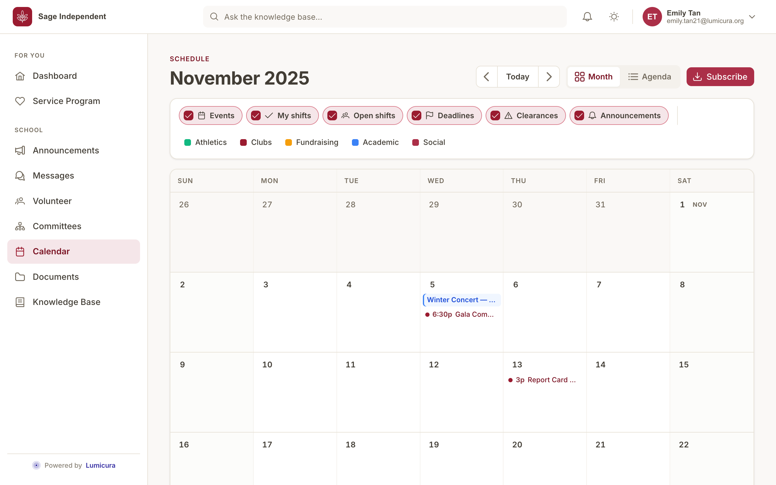 Calendar — desktop view