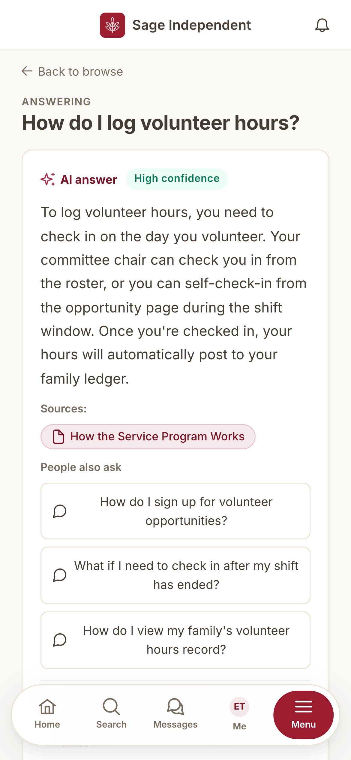 Knowledge base & search — mobile view
