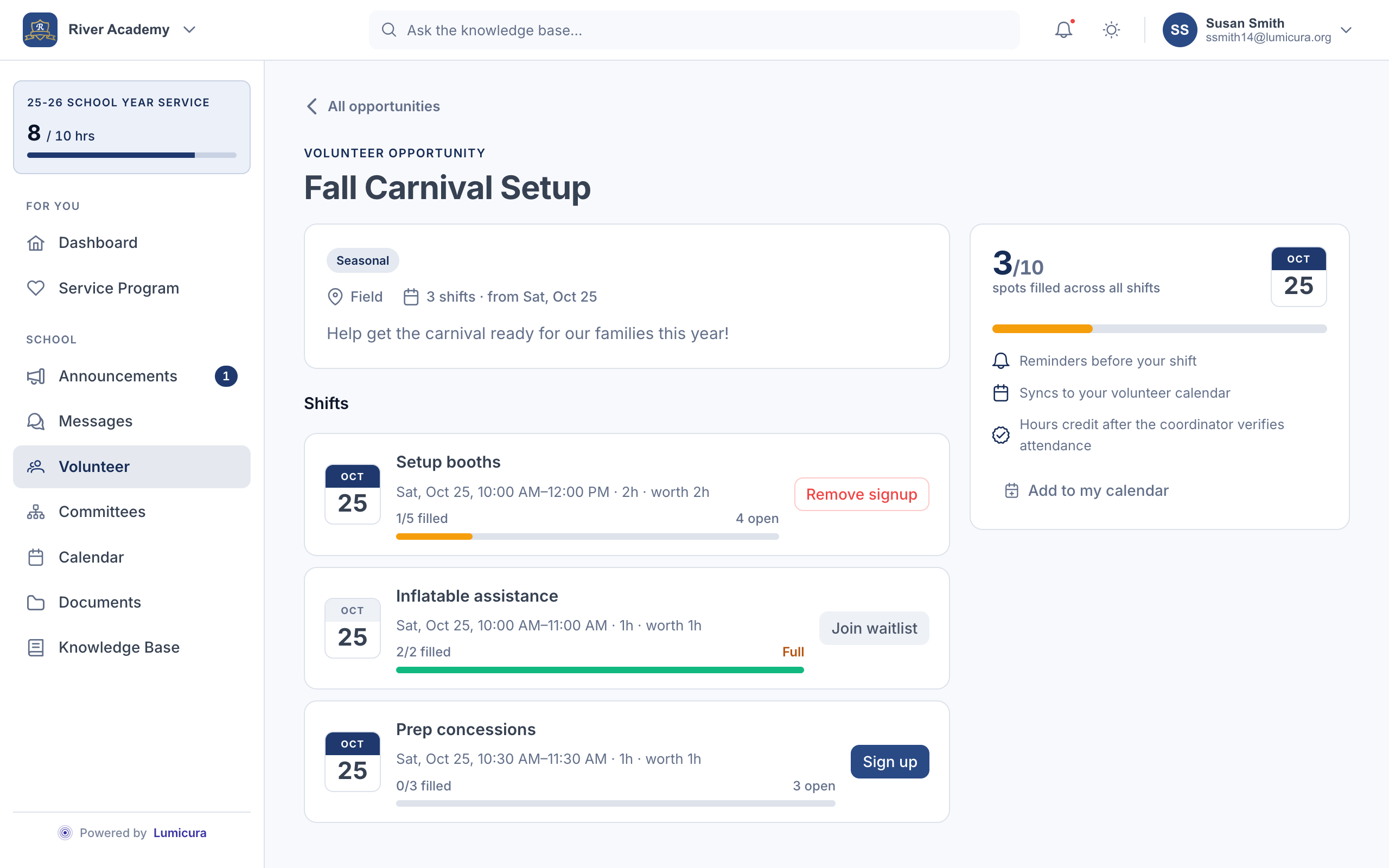 Volunteer sign-up — desktop view
